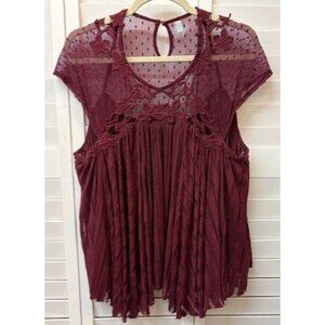 Free People Burgundy Lace & Mesh Sleeveless Top Boho Style Size M